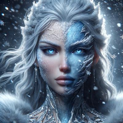 The primary subject of the image is a woman with a mix of blue and white skin, wearing a necklace. She has a striking appearance, with her skin resembling ice or frost. The setting is a snowy environment, with snowflakes visible in the background. The visual style is digital art, as the woman's skin and the snowflakes are rendered in a detailed and realistic manner. The colors and mood of the image are cold and icy, with the blue and white skin of the